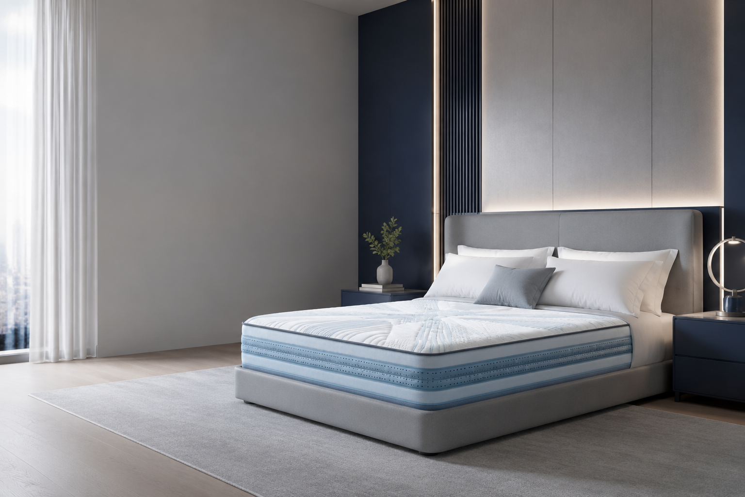 Nuvora Air Plus premium cooling mattress in a contemporary blue bedroom