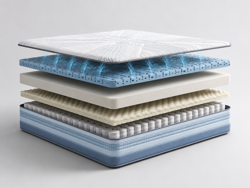 Exploded view of Nuvora Air Plus layers showing ventilated comfort grid and airflow