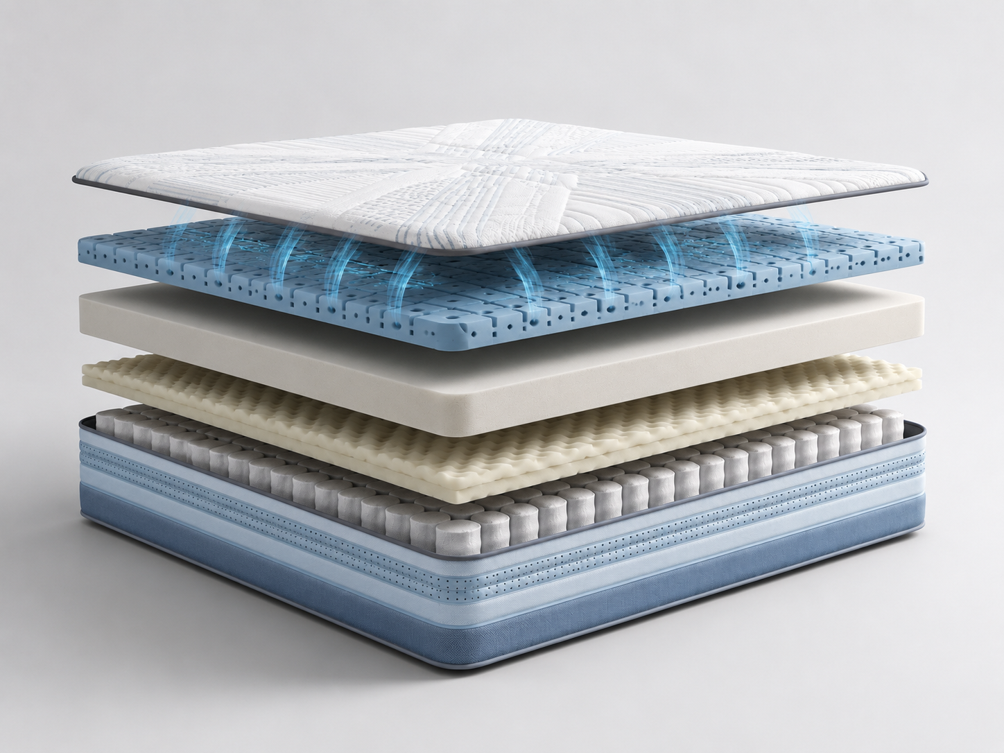 Exploded view of Nuvora Air Plus layers showing ventilated comfort grid and airflow