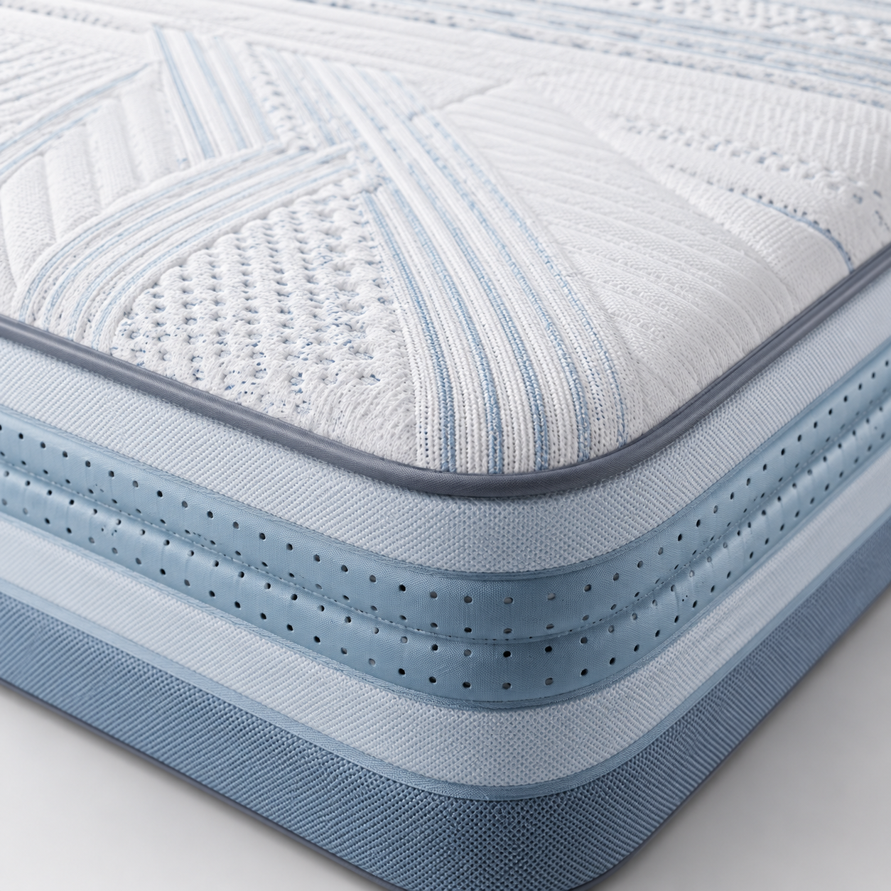 Close-up of the Nuvora Air Plus phase-change cover and ventilated side fabric