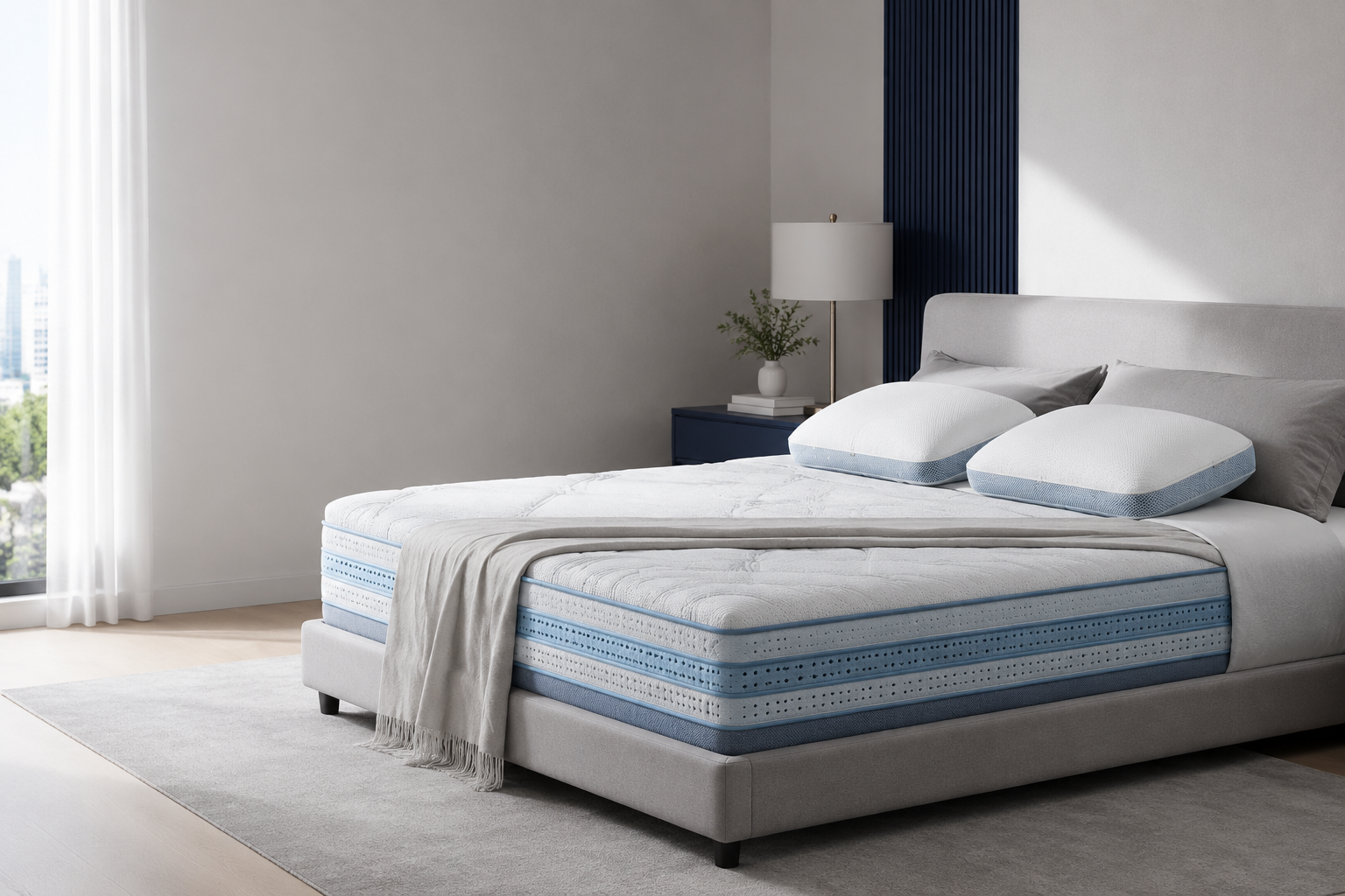 Nuvora Arc adjustable cooling pillow in a bedroom