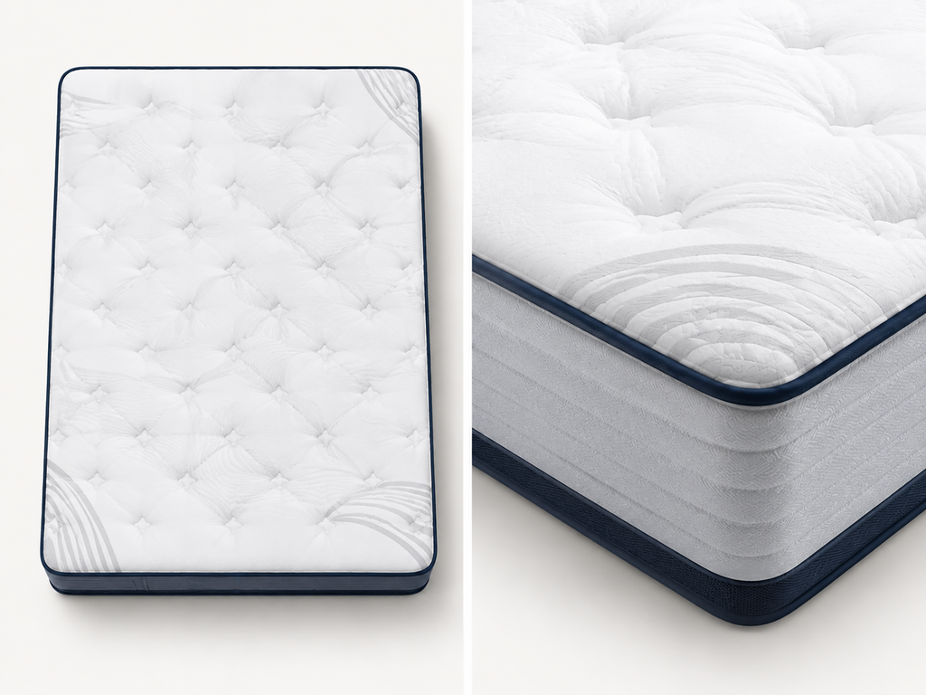 Top and close angle views of the Nuvora Balance hybrid mattress