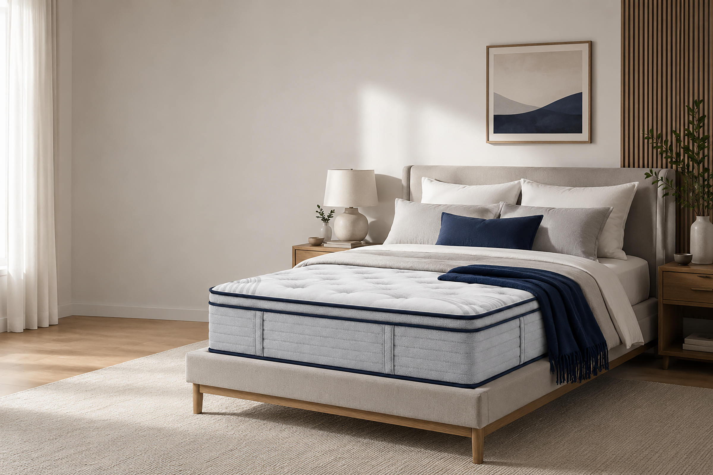 Nuvora Balance hybrid mattress in a warm modern bedroom
