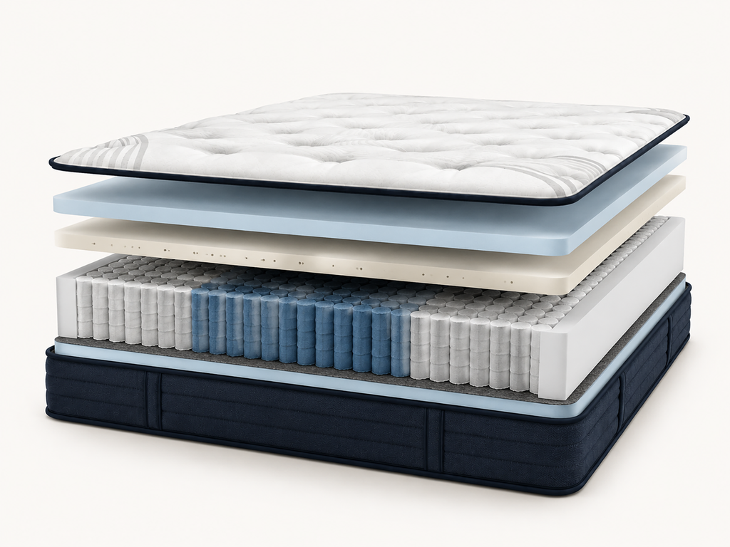 Exploded view of Nuvora Balance comfort layers and zoned pocket coils