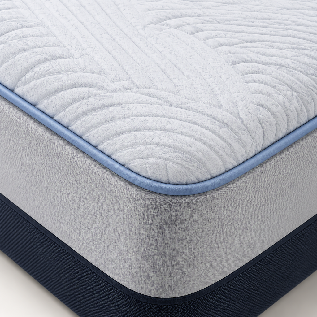 Close-up of the Nuvora Chill mattress cover piping and side fabric