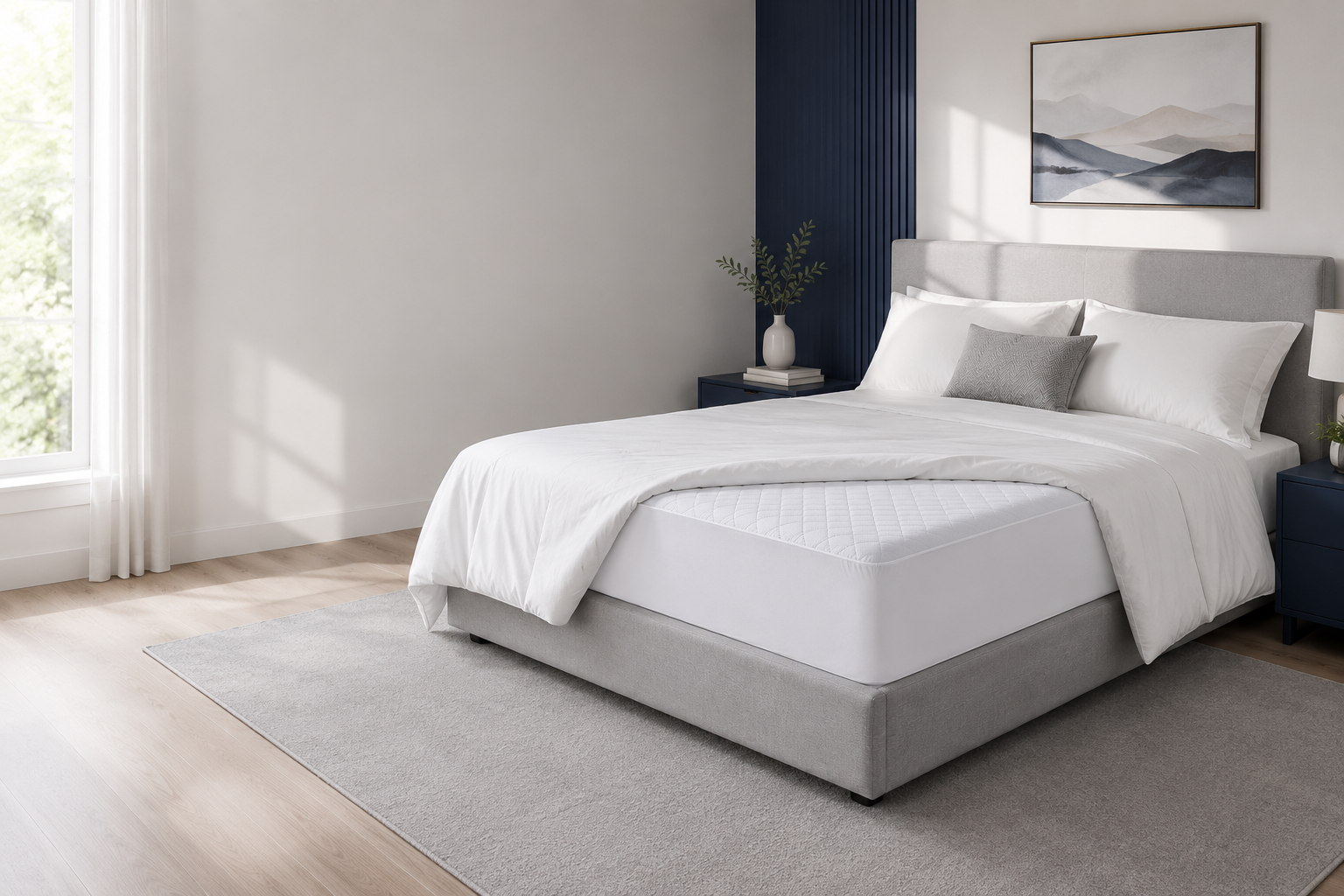 Nuvora Shield mattress protector in a calm bedroom